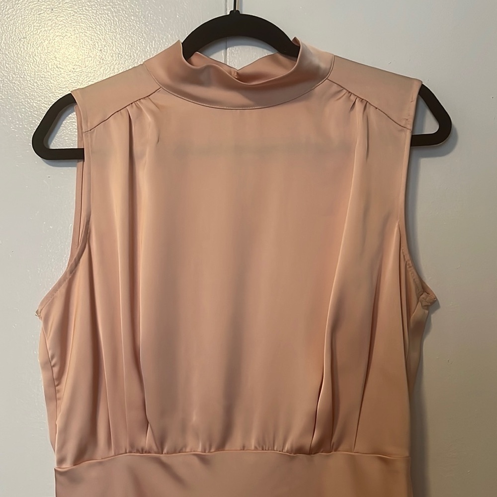 Lulu’s Classic Elegance Blush Satin Sleeveless Mock Neck Maxi Dress